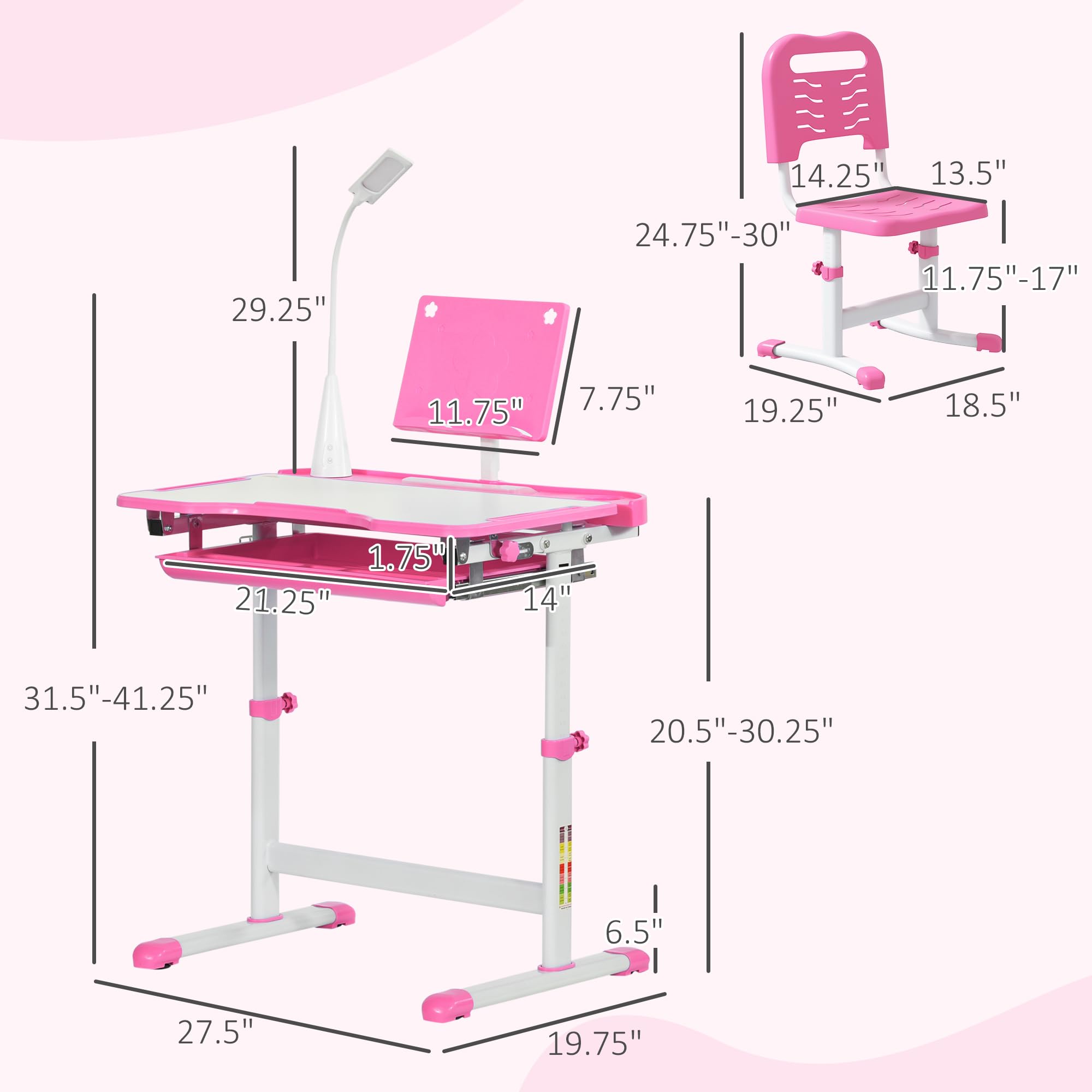Height Adjustable Kids Desk and Chair Set with LED Lamp