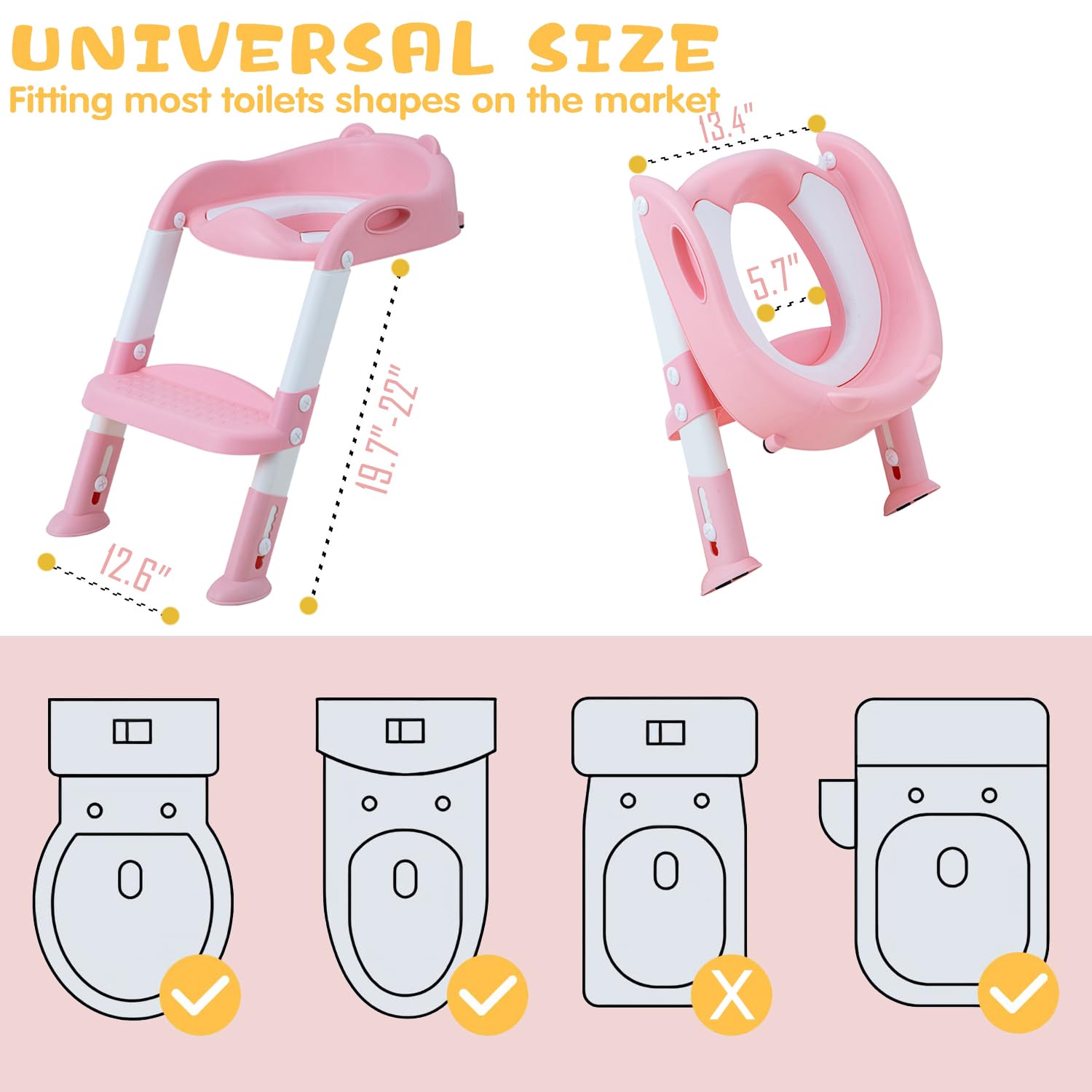 EGREE Potty Training Toilet Chair Seat with Step Stool Ladder for Kids and Toddler Boys Girls - Foldable Height Adjustable Children Toilet Training Seat with Safe Handles & Anti-Slip Pads, White-Pink