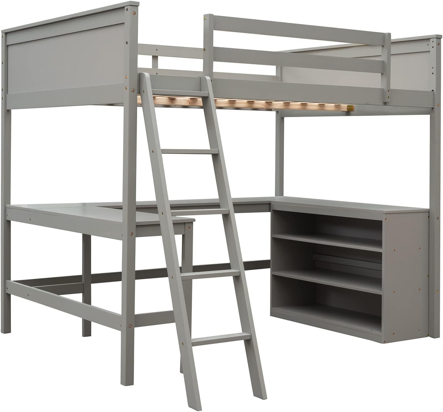 Full Loft Bed with Desk and Storage Shelves Bookcase High Loft Bed Frame Compatible