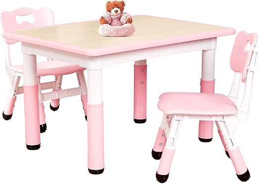 Table and 2 Chairs Set for Ages 3-8, Height Adjustable Toddler Table