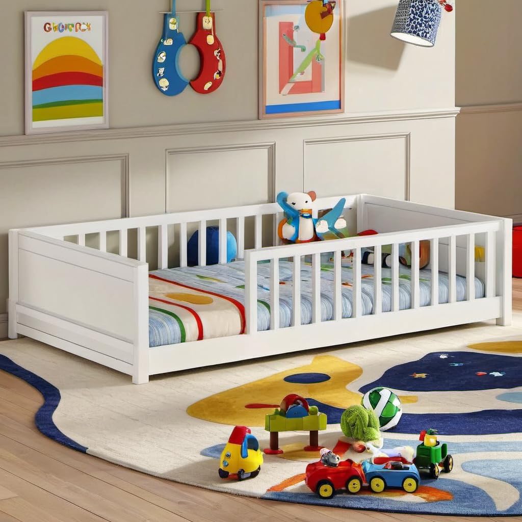 Twin Montessori Floor Bed with Book Storage and Safety Guardrails