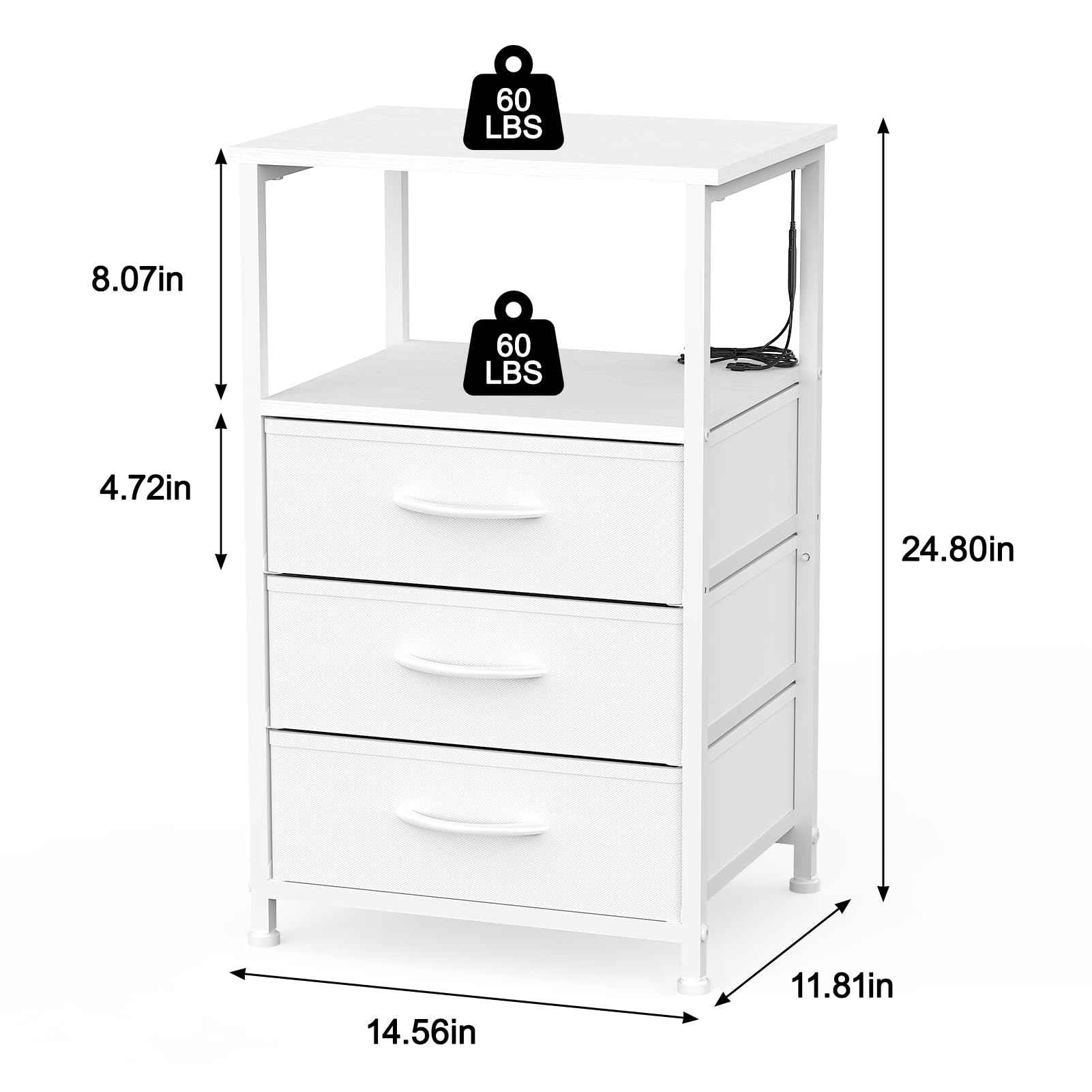 LED Nightstand with 3 Fabric Drawers