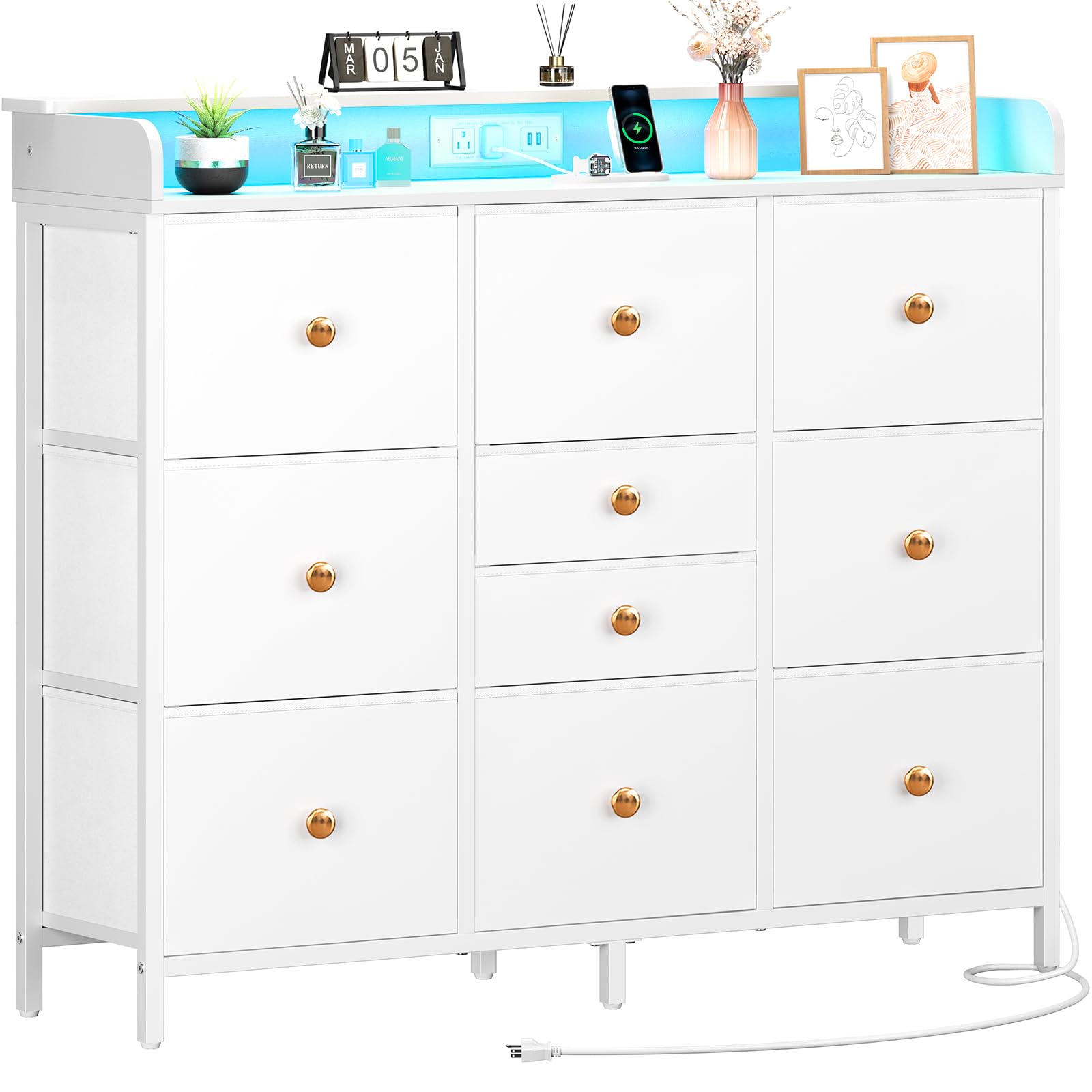 10-Drawer Dresser with Charging Station and LED Lights