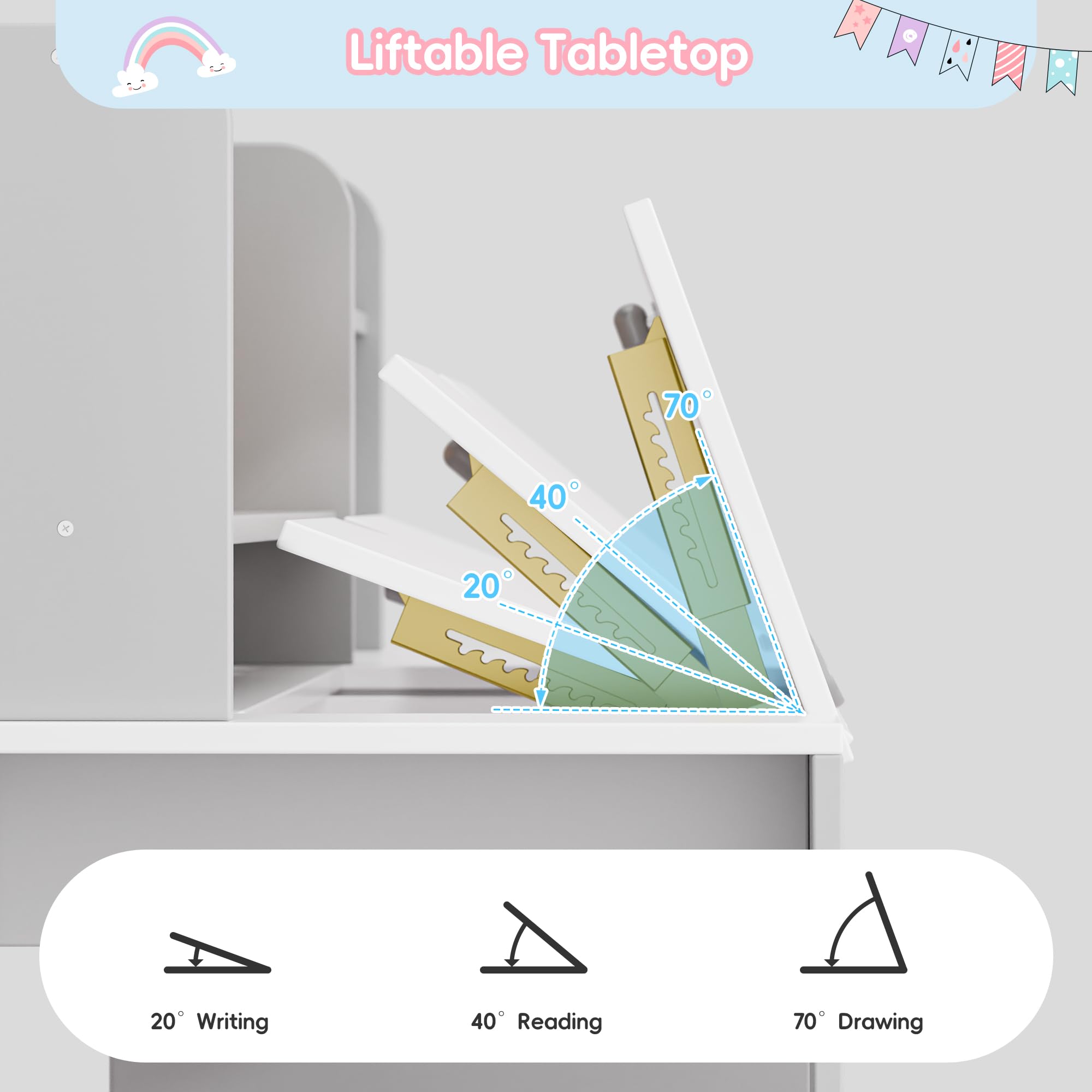 Kids Study Desk with Chair Tiltable Desktop Storage Cabinet