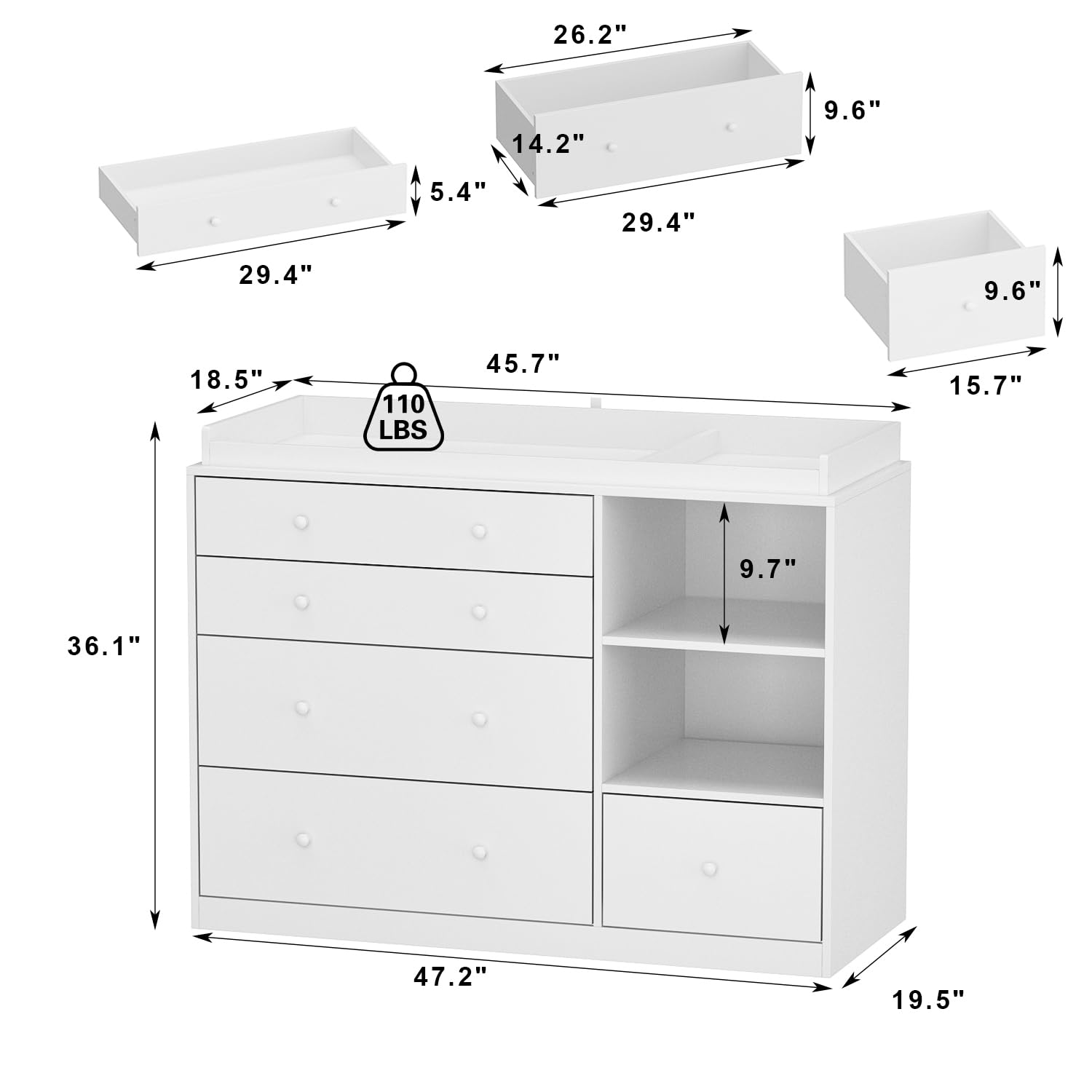 Nursery Dresser with Baby Changing Table and 5 Drawers