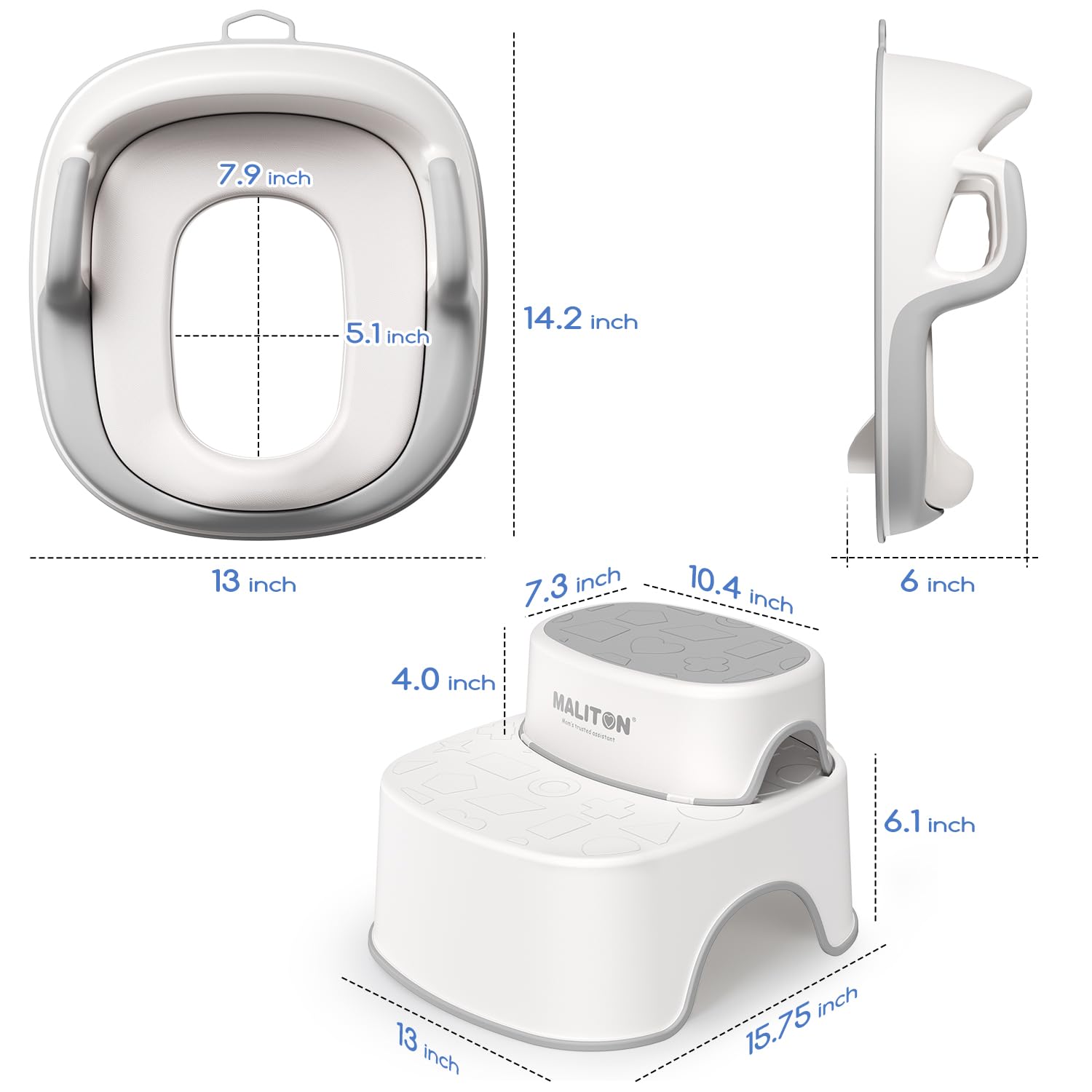 Maliton Baby Potty Training Seat with Step Stool, Toddler Toilet Seat for Boys Girls, Anti-Slip Toddler Stool for Bathroom, Kitchen, Toilet Potty Training Set(One Potty Seat+Two Step Stool for Kids)