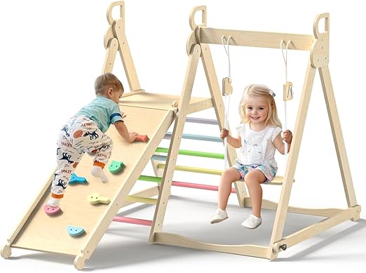 4 in 1 Indoor Jungle Gym, Foldable Wooden Climbing Set with Swing