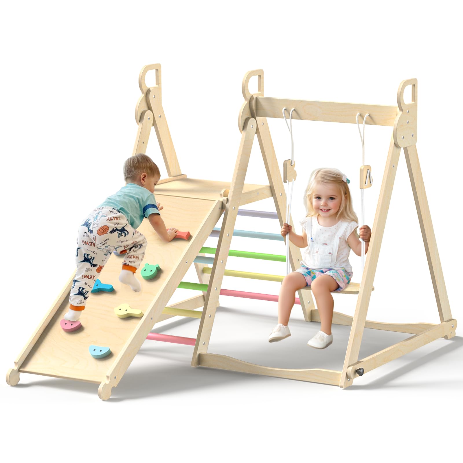 4 in 1 Indoor Jungle Gym, Foldable Wooden Climbing Set with Swing