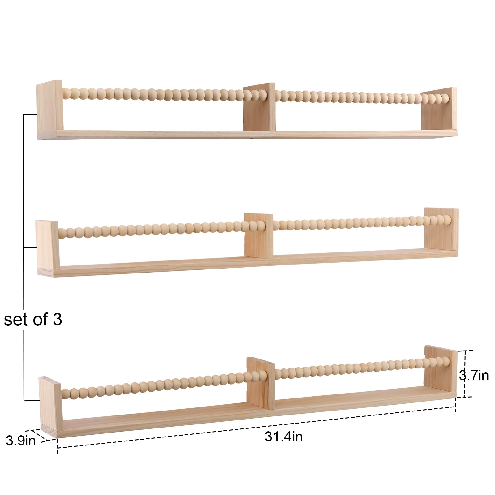 Floating Wall Bookshelves for Kids Room - Set of 3 with Beads