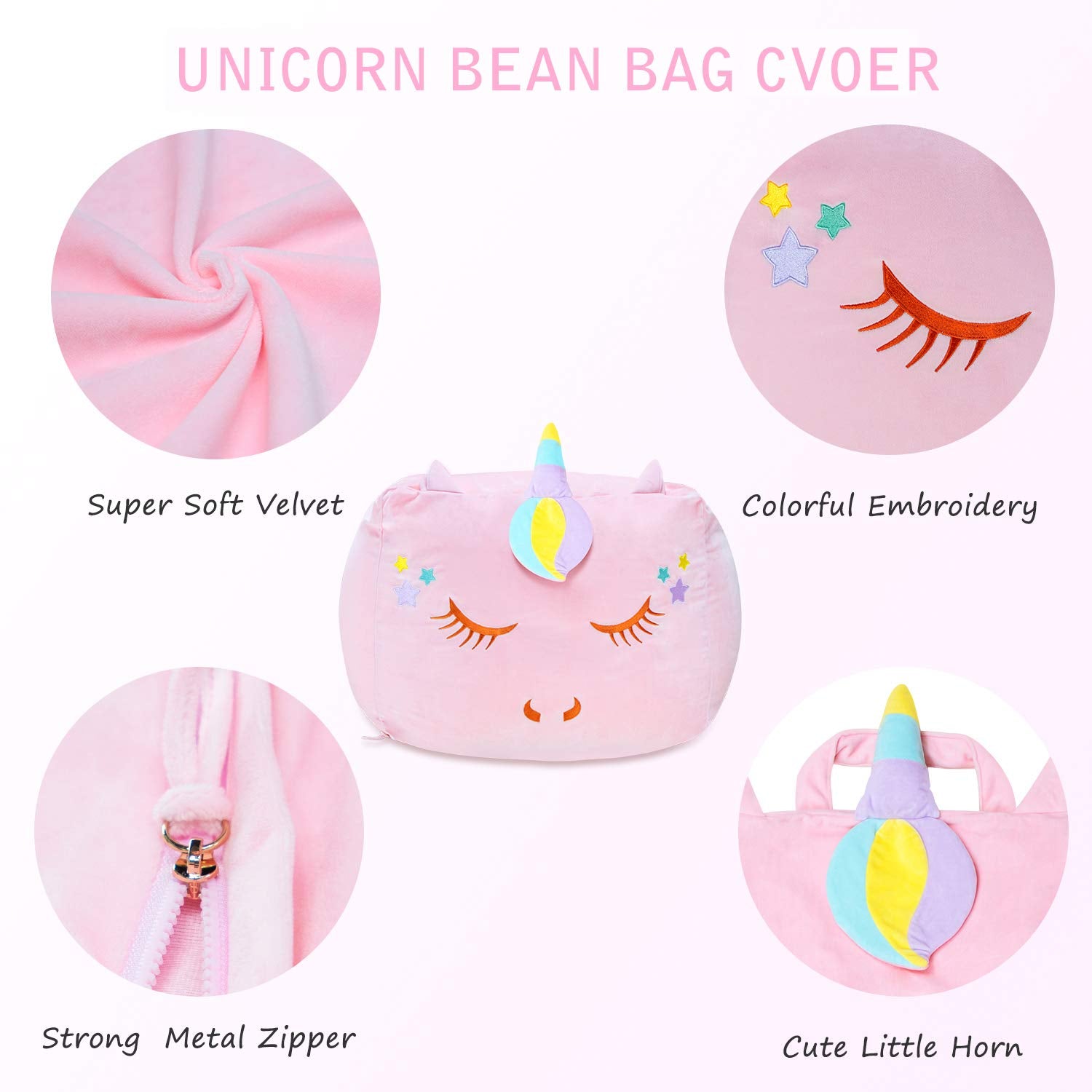 Unicorn Stuffed Animal Storage Bean Bag Chair Cover for Kids