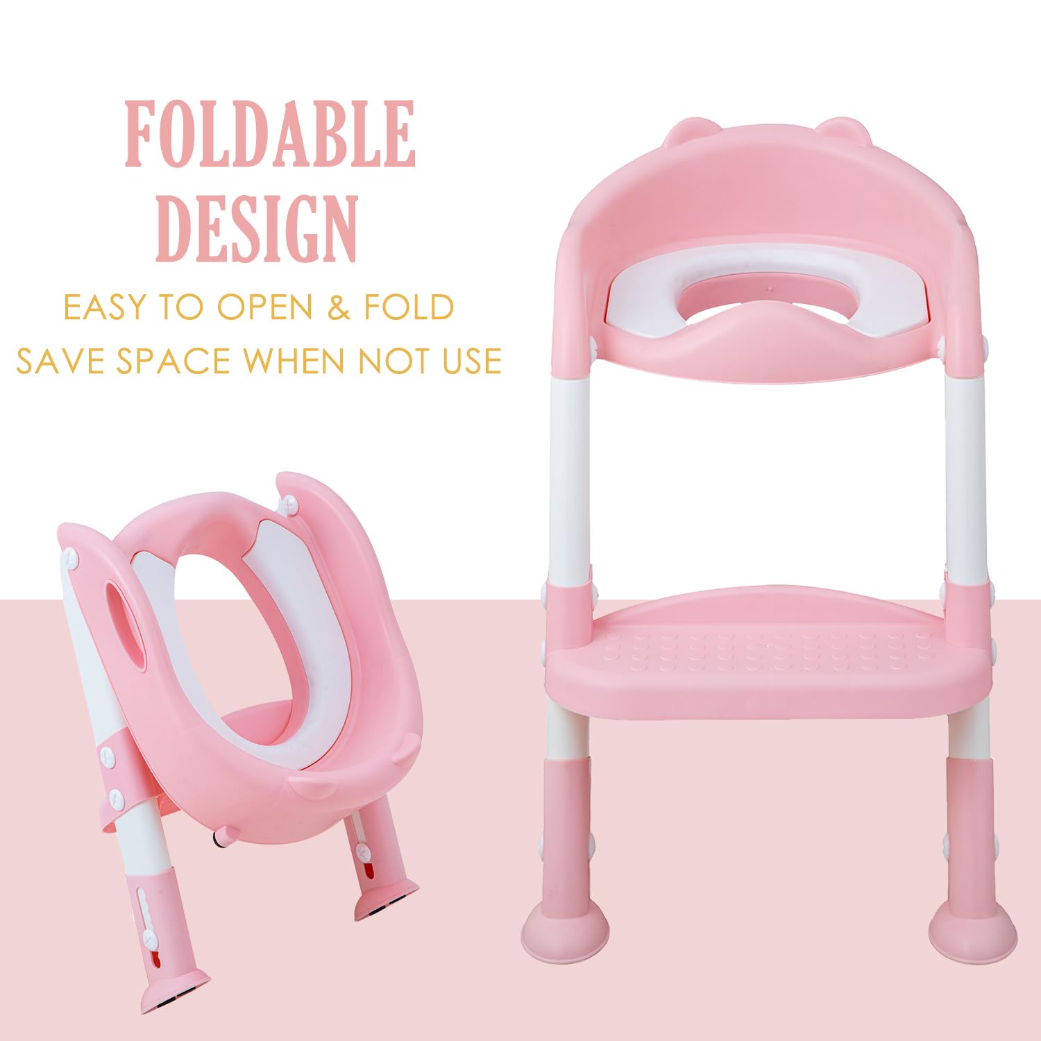 EGREE Potty Training Toilet Chair Seat with Step Stool Ladder for Kids and Toddler Boys Girls - Foldable Height Adjustable Children Toilet Training Seat with Safe Handles & Anti-Slip Pads, White-Pink