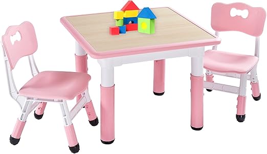 Table and 2 Chairs Set for Ages 3-8, Height Adjustable Toddler Table
