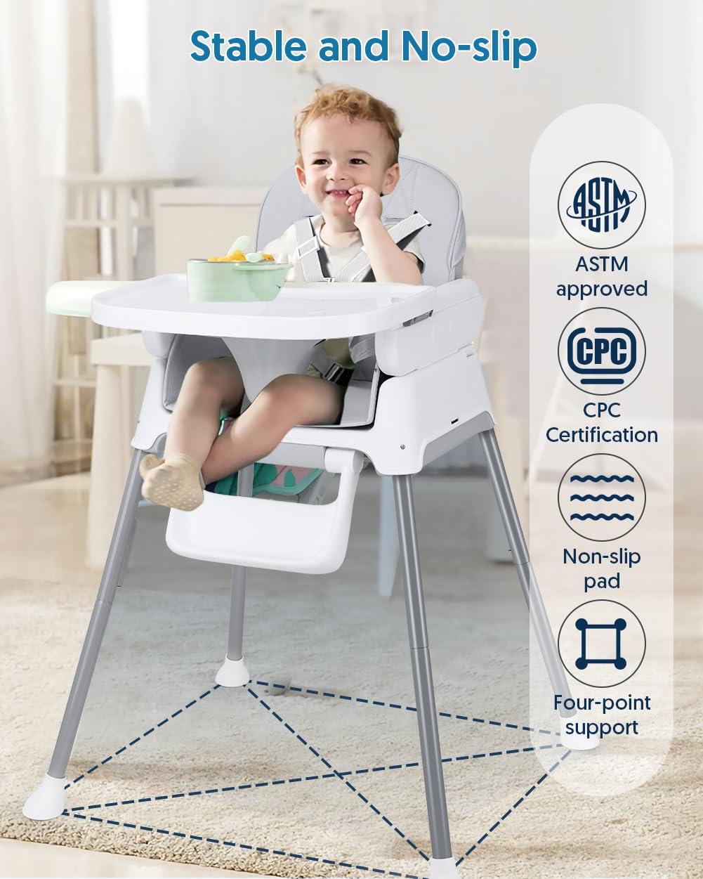 3-in-1 Convertible Baby High Chair with Adjustable Height and Removable Tray