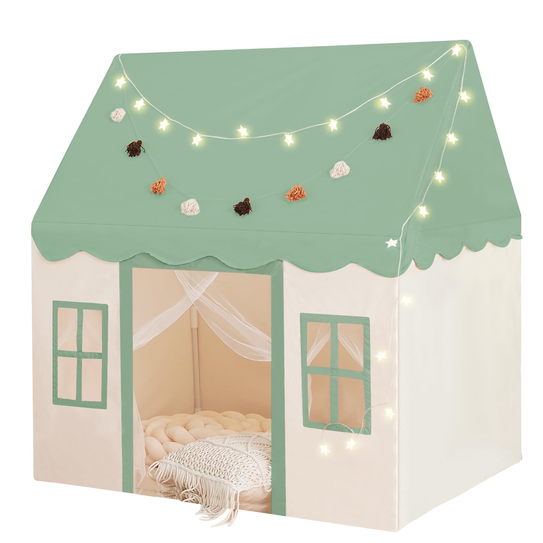 Play Tent with Mat, Star Light Large Kids Playhouse with Windows Easy to Wash, Indoor and Outdoor Play Tents for Kids, Little Dove Toys for Girls, Boys, 47x40x52 (Green Playhouse, Large Size)