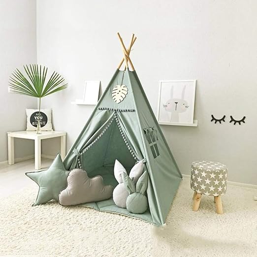 Kids Teepee Tent with White Pom Pom - Indoor Play Teepee