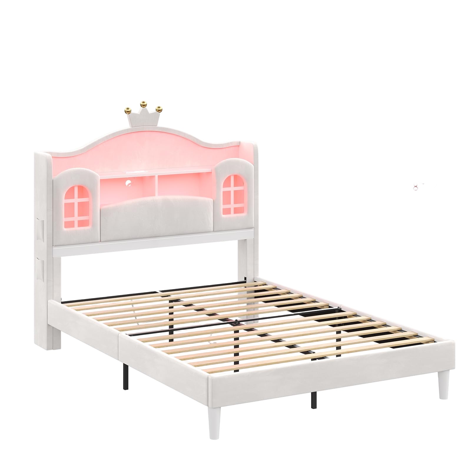 Dnxao Full Size Bed Frame with Storage Headboard, Princess Bed with LED Lights,Upholstered Girls Bed with Crown,Charging Station,No Box Spring Needed,Easy Assembly, White