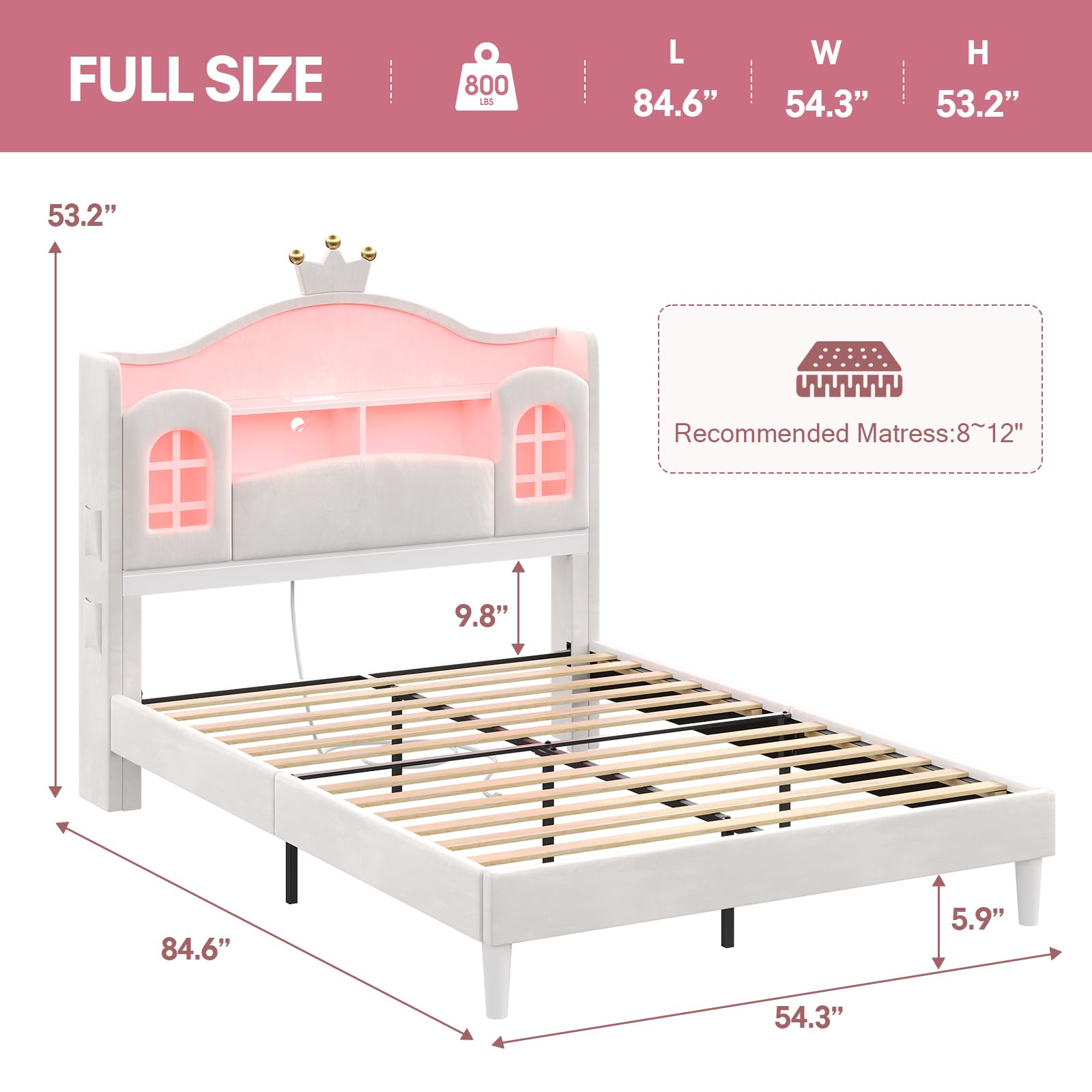 Princess Bed Frame Full Size with LED Lights and Storage
