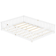 Queen Size Floor Bed for Kids, Girls, Boys, Wood Floor Bed with slats and Door, White