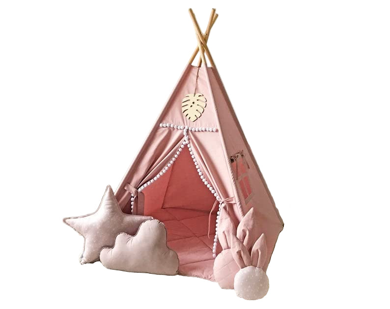 Kids Teepee Tent with White Pom Pom - Indoor Play Teepee