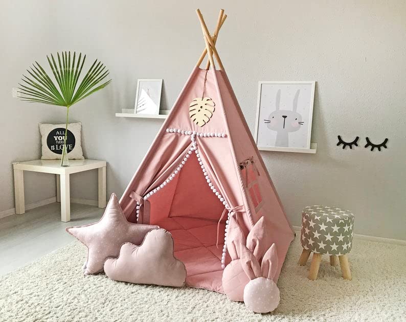 Kids Teepee Tent with Pom Pom Decoration