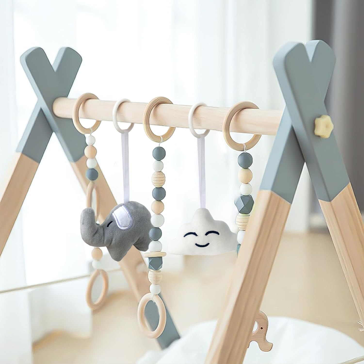 Wooden Foldable Baby Play Gym with Activity Toys