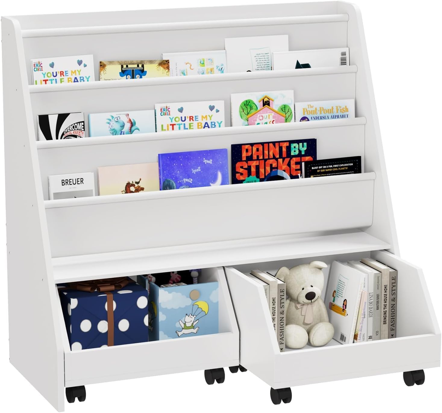 Kids Bookshelf,Toddler Bookcase Toy Bin with 2 Drawers 3 Sling Pockets