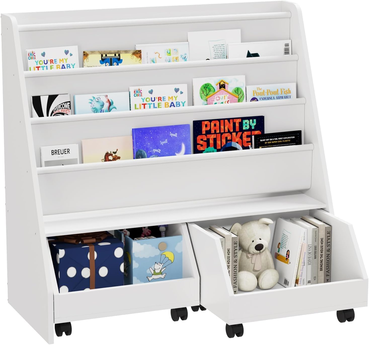 Kids Bookshelf,Toddler Bookcase Toy Bin with 2 Drawers 3 Sling Pockets