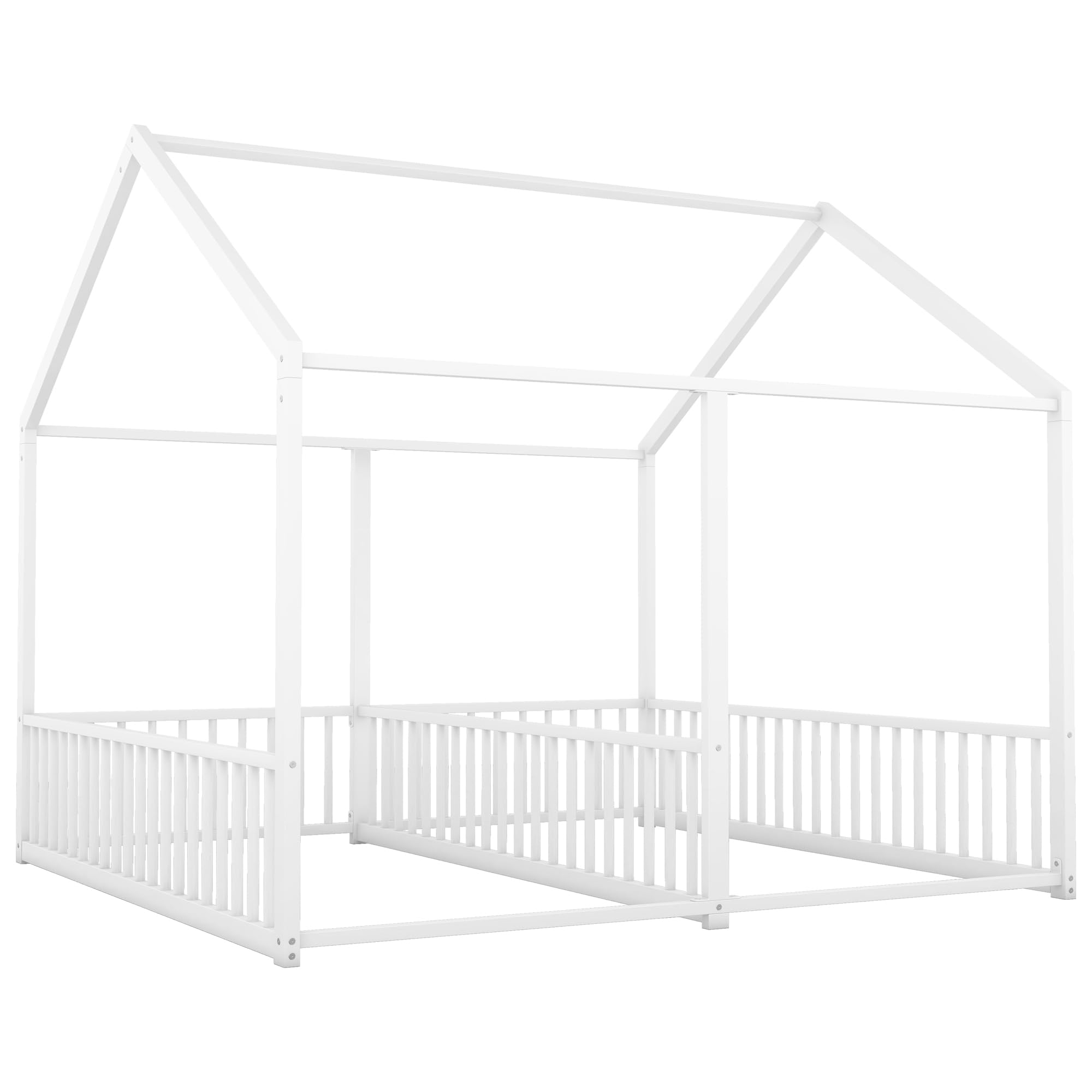 Twin House Floor Bed for Two Kids with Safety Rails