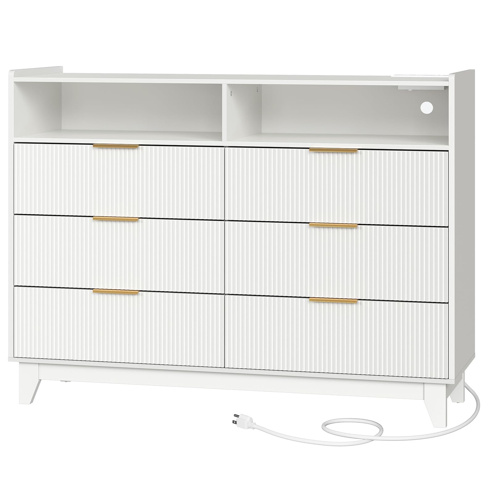 Fluted 6 Drawer Dresser for Bedroom, White Wooden Chest