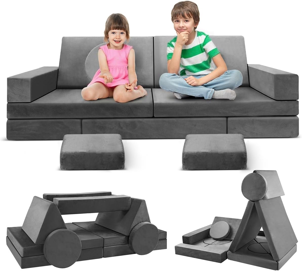Kids Play Couch 18pcs Toddler Floor Sofa, Sectional Couch for Children, Fortplay Bedroom