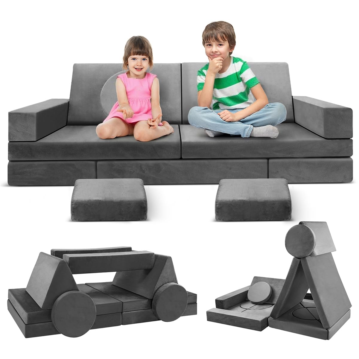 Kids Play Couch 18pcs Toddler Floor Sofa, Sectional Couch for Children, Fortplay Bedroom
