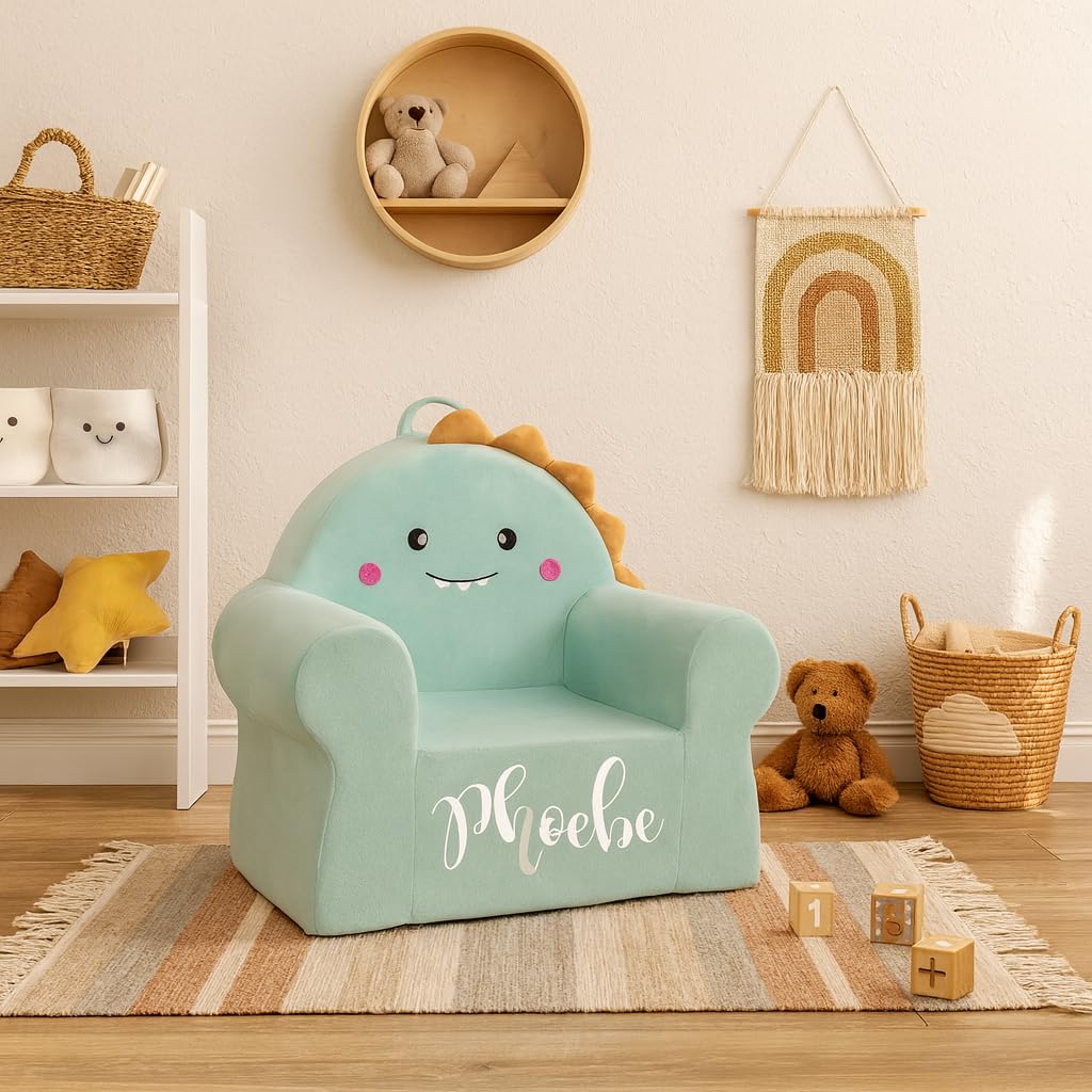 Dinosaur Toddler Chair – Custom Name Kids Sofa, Soft Plush Foam Seat for Playroom