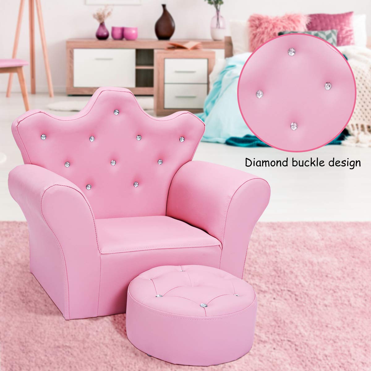 Kids Sofa, Children Upholstered Sofa with Ottoman, Princess Sofa