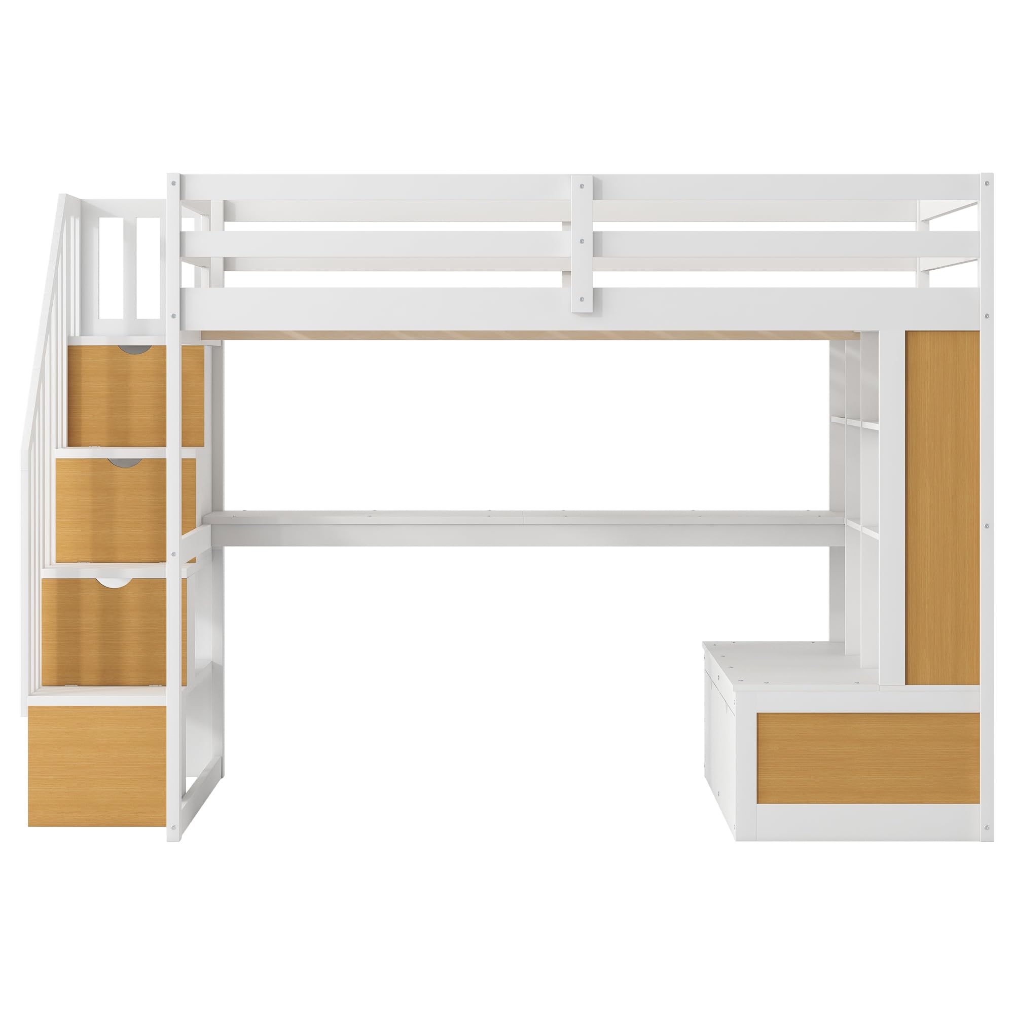 Merax Full Size Wood Loft Bed Frame with 2 Built-in Drawers,Desk,Shelves and Storage Staircase for Bedroom