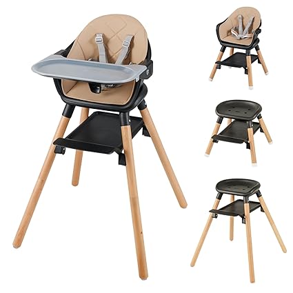 Baby High Chair, 6 in 1 Convertible Wooden High Chair for Babies & Toddlers