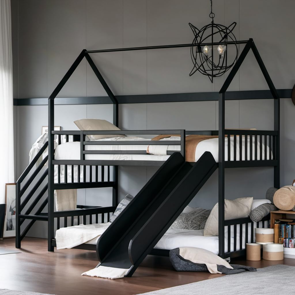 Staircase Bunk Bed with Slide for Kids,Low Bunk House Bed