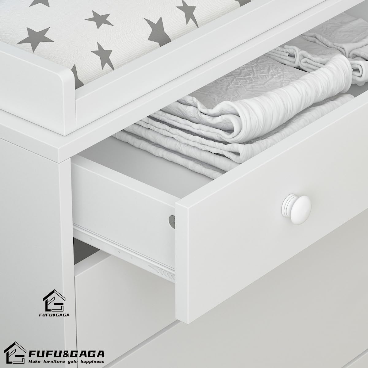 White Nursery Dresser with 5 Drawers & Storage Shelves