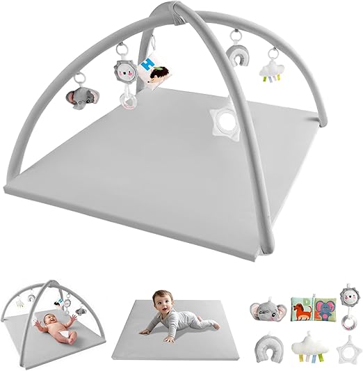 Baby Play Gym with Soft Foam Mat – Velvet Tummy Time Mat with 6 Sensory Toys