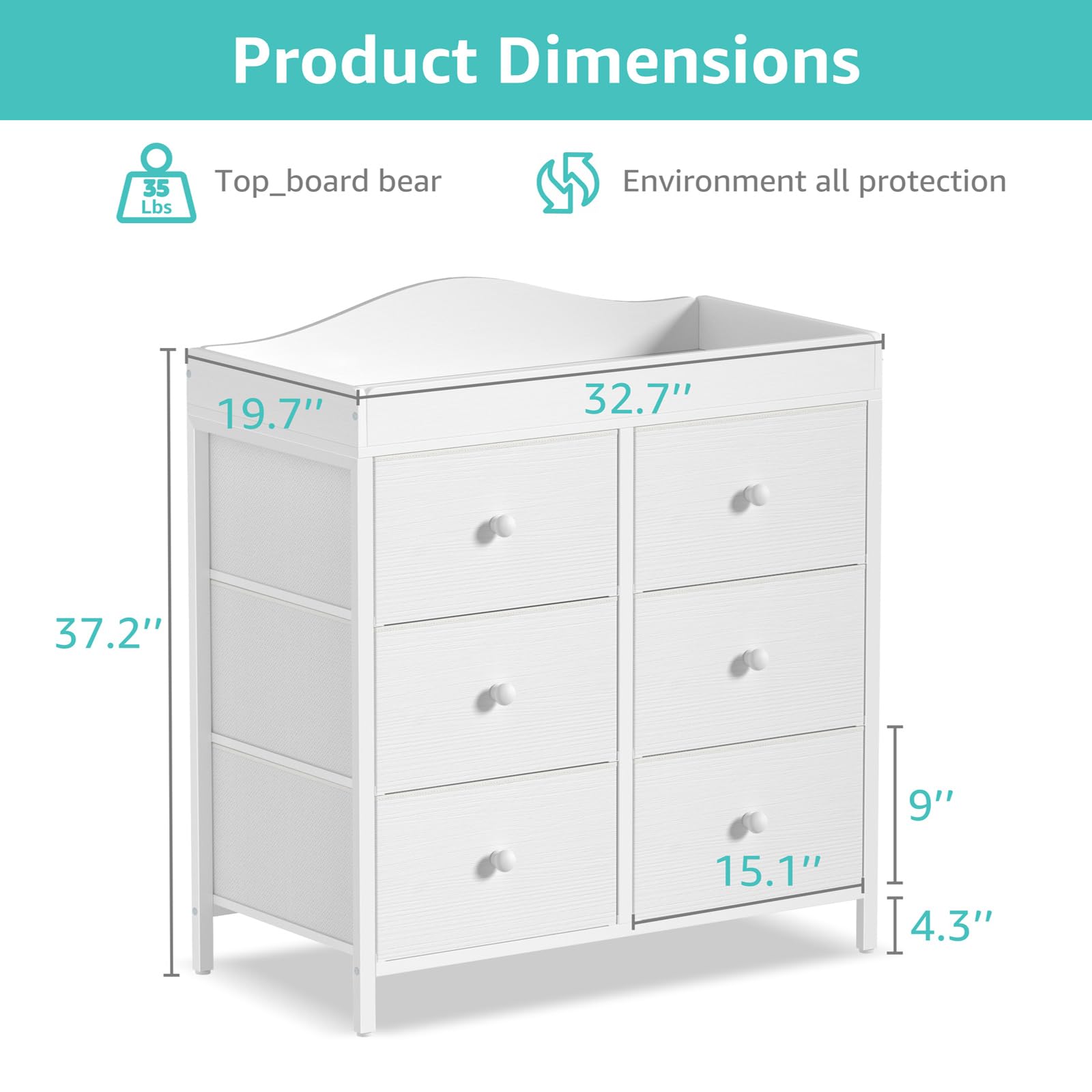 Changing Table Dresser with 6 Fabric Drawers