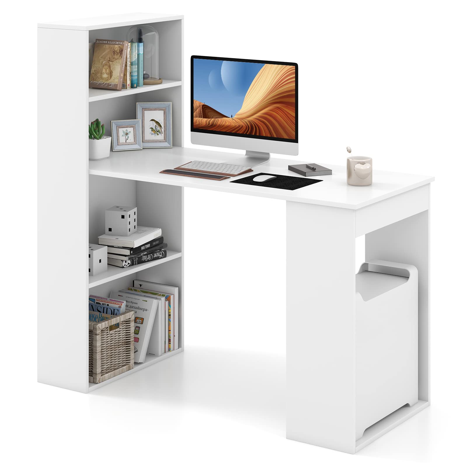 Computer Desk with Bookshelf, Reversible Study Writing Desk