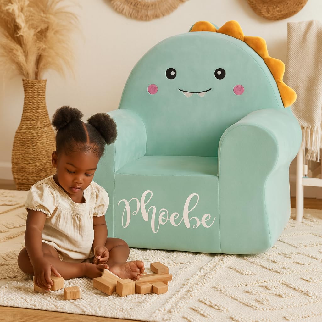 Dinosaur Toddler Chair – Custom Name Kids Sofa, Soft Plush Foam Seat
