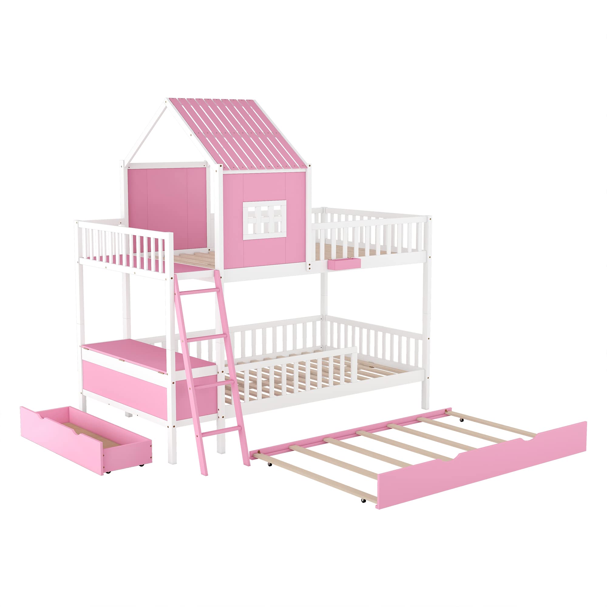 Full Over Full Bunk Bed with Twin Size Trundle, Farmhouse Bed