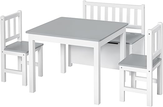 4-Piece Kids Table Set with 2 Wooden Chairs, 1 Storage Bench