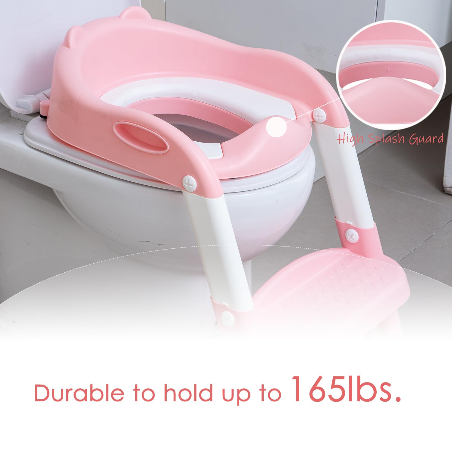 EGREE Potty Training Toilet Chair Seat with Step Stool Ladder for Kids and Toddler Boys Girls - Foldable Height Adjustable Children Toilet Training Seat with Safe Handles & Anti-Slip Pads, White-Pink