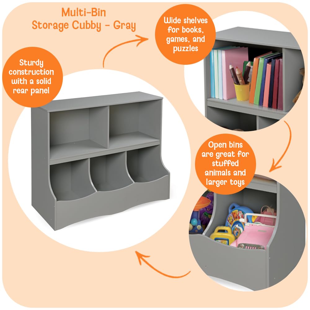Multi-Bin Storage Cubby for Kids - Toy Organizer with 3 Bins and 2 Shelves