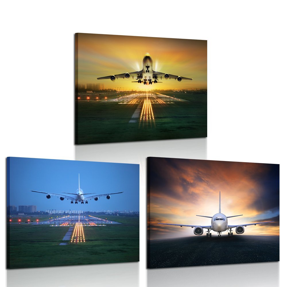 3 Piece Canvas Wall Art Airplane Take Off Pictures Framed