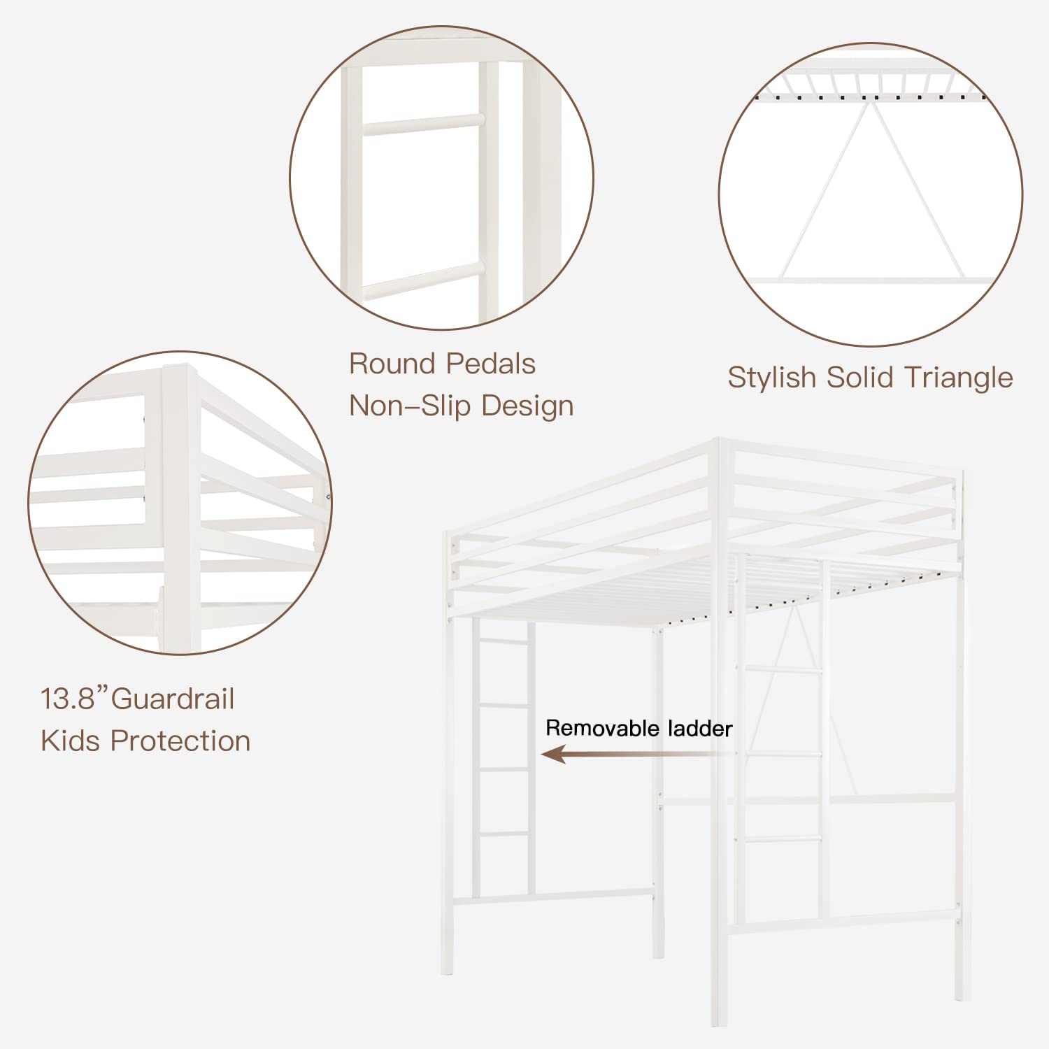 Metal Loft Bed Twin Size with Safety Guardrail and Ladder