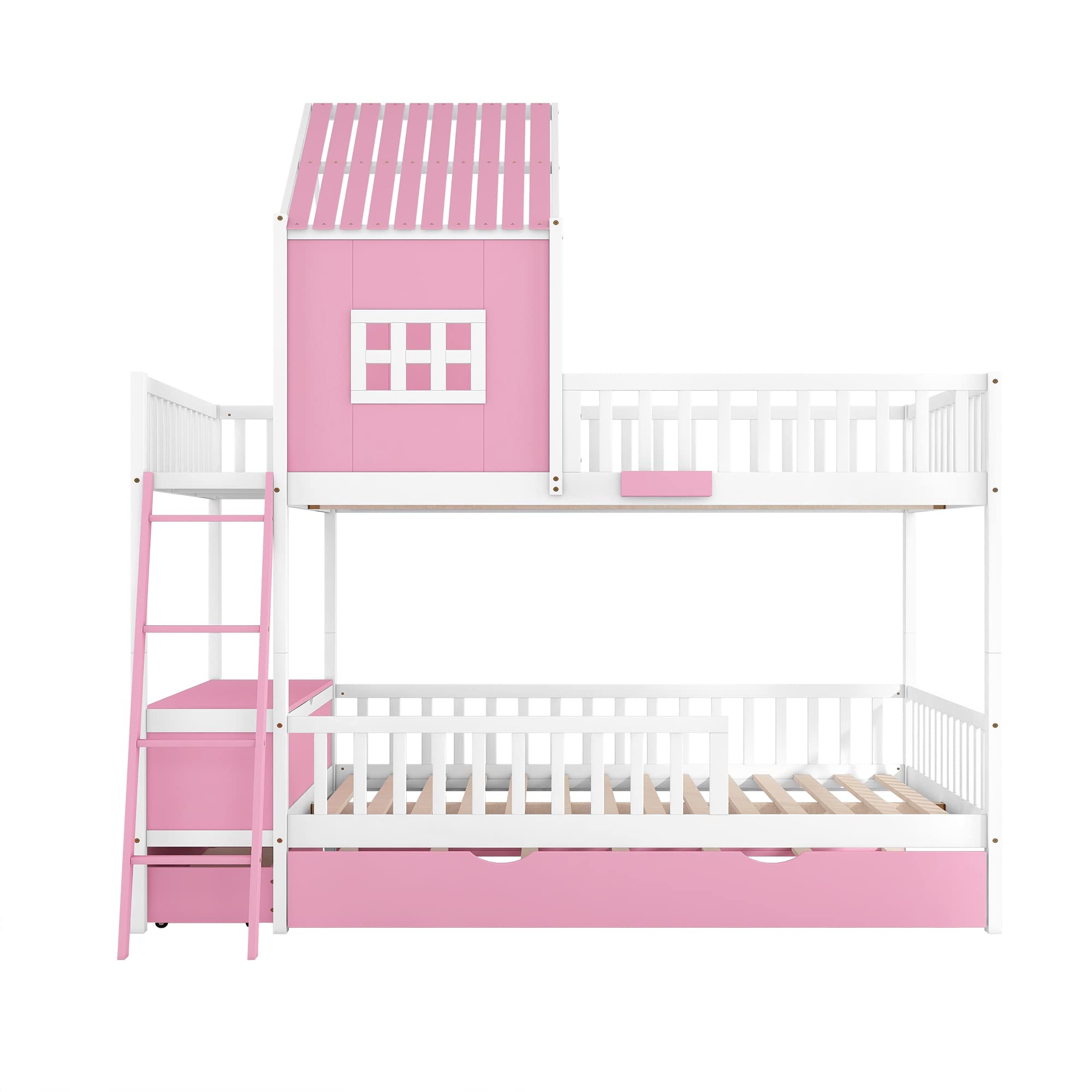 Full Over Full Bunk Bed with Twin Size Trundle, Farmhouse Bed