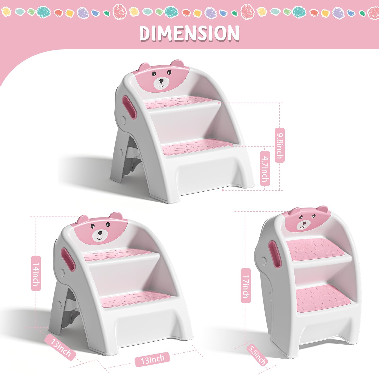 TPN Toddler Step Stool for Bathroom Sink and Potty Training Durable Anti-Slip,Anti-Tip A-Frame,10-Second Assembly, 2-Step Potty Stool with Wide Steps (Pink)