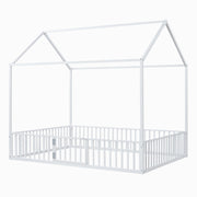 Full Size Floor Bed with Door and Fence, Metal Montessori Bed